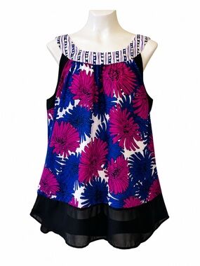 Apostrophe Floral Tunic Top Plus Size 18W Sleeveless Sheer Hem Fuchsia Navy